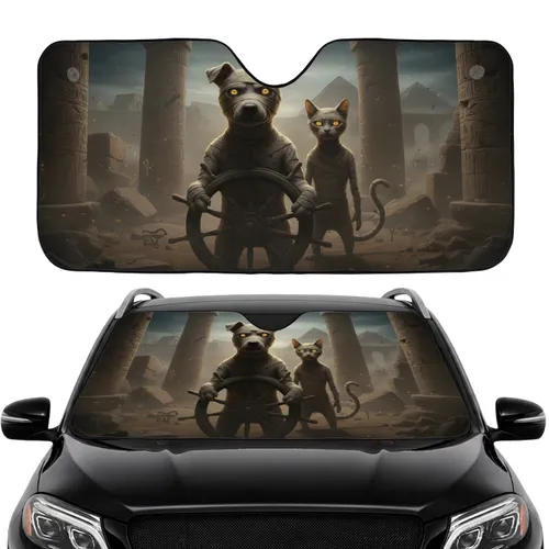 Mummy Cat Dog Hieroglyph Pillars Desert Twilight Vista - Fantasy Car Decor Gift for Pet Lovers Car Sunshade