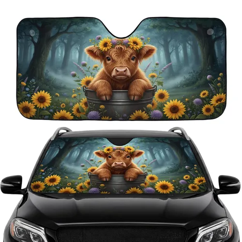 Fluffy Baby Highland Cow Wildflower Wreath Forest - Farmhouse Car Decor Gift Car Sunshade