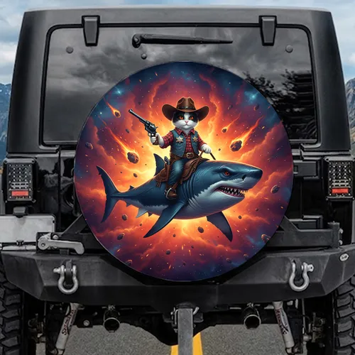 Cat Cowboy Great White Shark Cosmic Comet Nebula - Adventure Car Decor Gift Spare Tire Cover