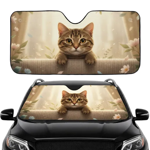 Tabby Cat Curious Golden Eyes Peeking Ledge - Car Decor Gift for Cat Lover Car Sunshade