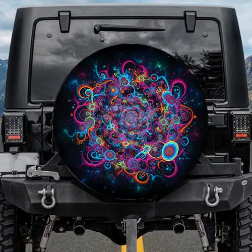 Vibrant Neon Luminous Swirling Fractal Organic Shapes Cosmic Black Starfield - Travel Essentials Spare Tire Cover