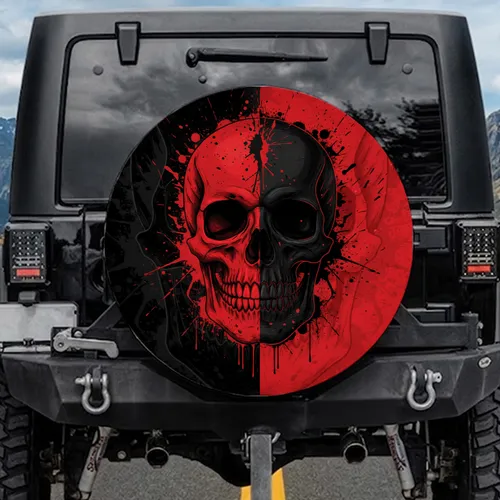 High Contrast Realistic Split Skull Crimson Black Grunge Dark Fantasy Car Decor Spare Tire Cover