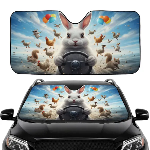 White Rabbit Driving Wild Farm Animals & Colorful Balloons - Adventure Lover Gift Car Sunshade