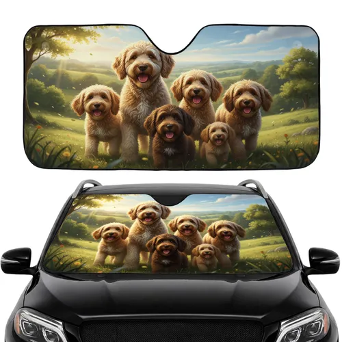 Goldendoodle Labradoodle Dogs Rolling Hills Landscape - Dog Lover Gift Car Sunshade