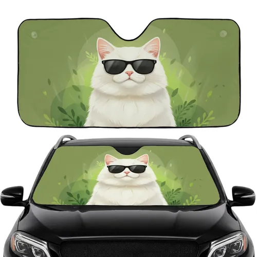 Fluffy White Cat Wayfarer Sunglasses Olive Green Leaf - Cat Lover Everyday Gift Car Sunshade