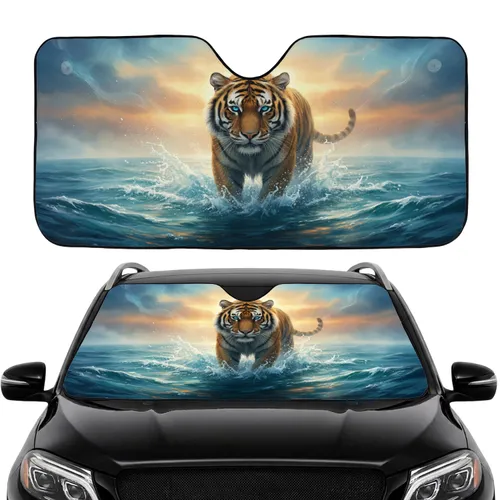 Powerful Bengal Tiger Blue Eyes Turbulent Water Golden Sky - Wildlife Lover Gift Car Sunshade