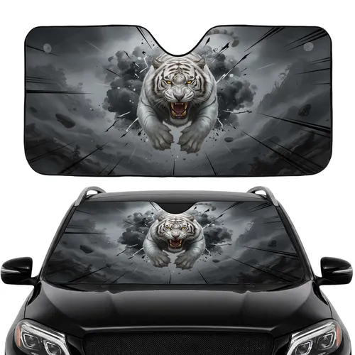 Enraged White Tiger Snarling Golden Fangs Energy Streaks - Wildlife Lover Gift Car Sunshade