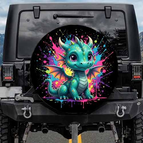 Baby Dragon Iridescent Wings Neon Splashes - Fantasy Lover Gift Spare Tire Cover