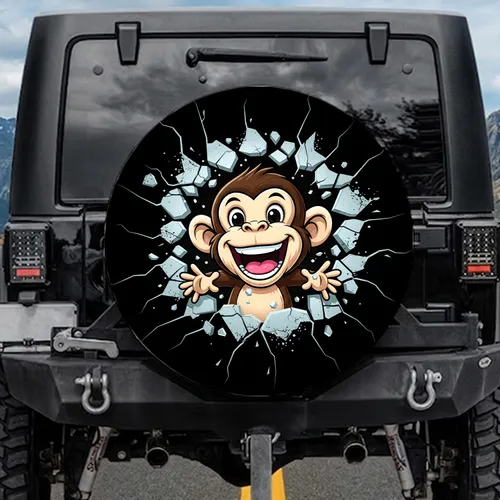 Mischievous Grinning Monkey Tearing Cracked Surface from Dark Void Car Decor Gift Spare Tire Cover