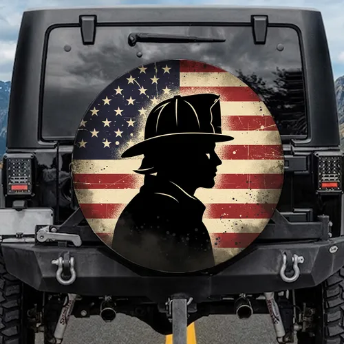 Firefighter Profile American Flag Distressed Patriotic First Responder Gift Spare Tire Cover