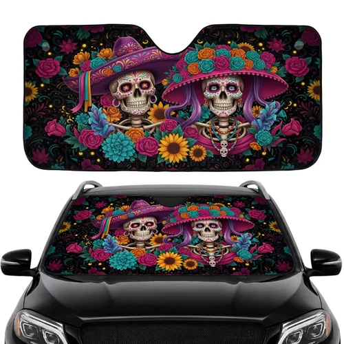 Male Female Sugar Skull Sombrero Calaveras Mexican Flowers Car Sunshade