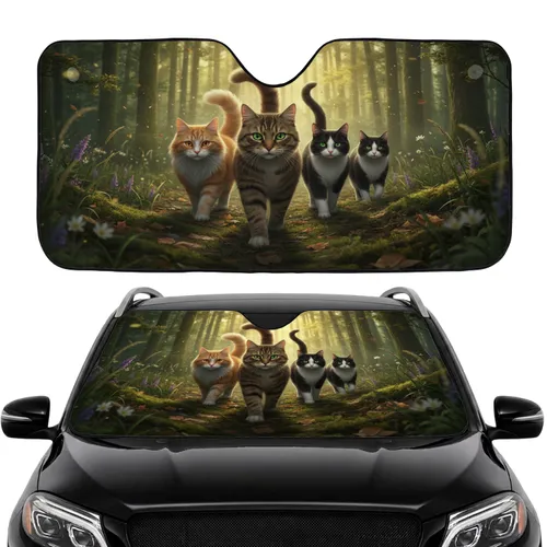 Tabby Ginger Black White Cats Sun-Dappled Forest Wildflowers - Cat Lover Gift Car Sunshade
