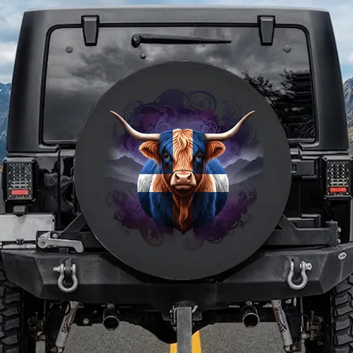 Highland Cow Scottish Flag - Highland Farmhouse Decor Gift for Cow Lover Spare Tire Cover