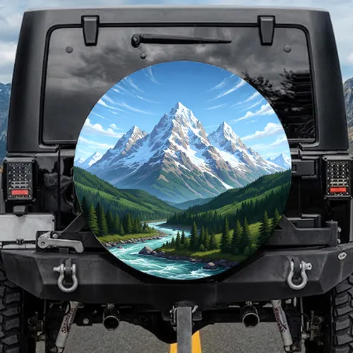 Snow-Capped Mountain Range Green Hills River - Outdoor Adventure Gift for Travelers Spare Tire Cover