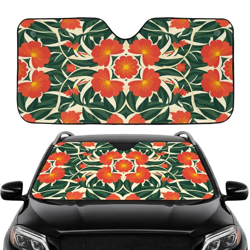 Red-Orange Flowers Yellow Centers Green Leaves Botanical - Car Decor Lifestyle Gift Car Sunshade
