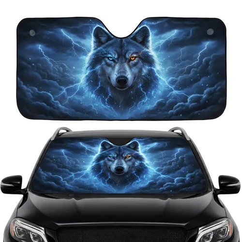 Majestic Wolf Blue Gold Eyes Tumultuous Storm Lightning - Wildlife Lover Gift Car Sunshade