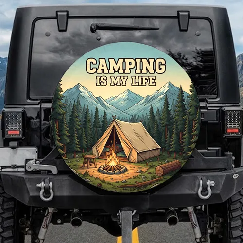 Camping is My Life Rustic Mountain Scene - Outdoor Adventure Gift Spare Tire Cover