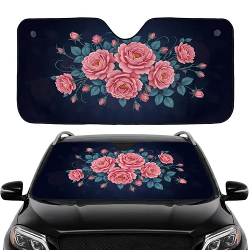 Lush Pink Roses Rose Buds Golden Centers Blue Green Leaves Midnight Blue Car Sunshade
