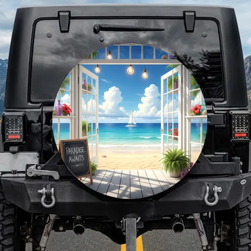 White Boat Tropical Beach Ocean Patio View - Car Decor Gift Spare Tire Cover