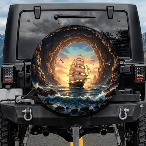 Full-Rigged Ship Sea Cave Sunset Ocean Adventure & Travel Lifestyle Gift Spare Tire Cover