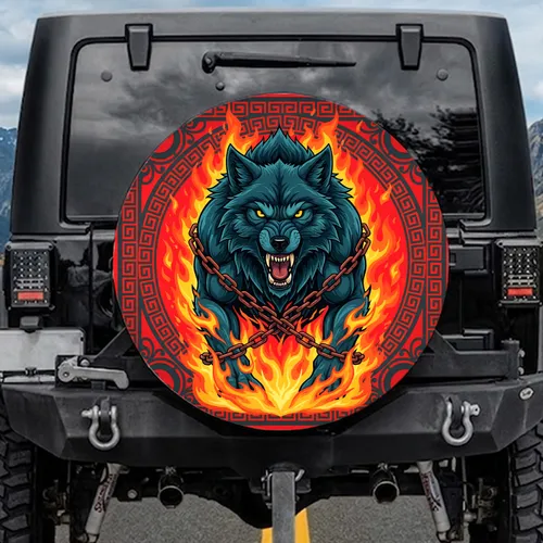 Snarling Chained Wolf Glowing Eyes Fiery Flames Greek Key - Fantasy Adventure Lover Gift Spare Tire Cover