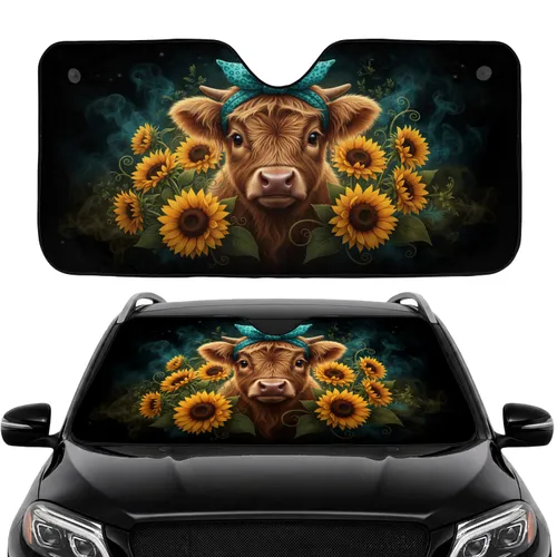 Baby Highland Cow Sunflowers - Farmhouse Car Decor Gift for Cow Lover Car Sunshade