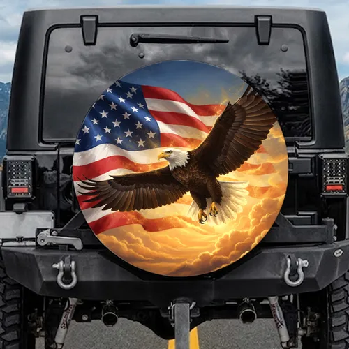 Bald Eagle American Flag Luminous Clouds Golden Sky Patriotic Decor Gift Spare Tire Cover