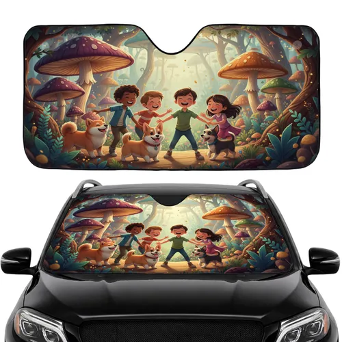 Children Pet Dogs Fantasy Mushroom Forest Adventure Gift for Kids Car Sunshade