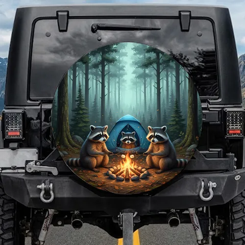 Raccoons Campfire Marshmallow Forest - Outdoor Adventure Wildlife Lover Gift Spare Tire Cover