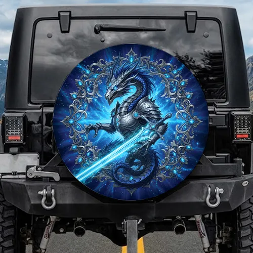 Armored Dragon Luminous Sapphire Sword Blue Gems - Fantasy Lover Adventure Lifestyle Gift Spare Tire Cover