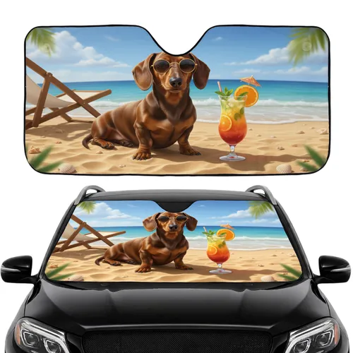 Dachshund Sunglasses Tropical Beach Scene - Golden Sand Summer Essentials for Dog Lovers Car Sunshade