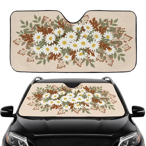 White Daisies Rust Berries Autumn Leaves - Car Decor Gift Car Sunshade