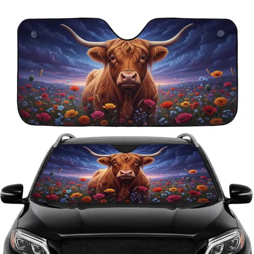 Highland Cow Wildflower Night Sky - Farmhouse Home Decor Gift for Cow Lover Car Sunshade