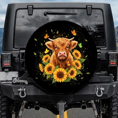 Highland Cow Calf Sunflowers Butterflies - Farmhouse Car Decor Gift for Cow Lover Spare Tire Cover