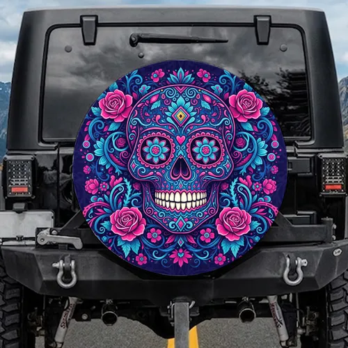 Ornate Symmetrical Calavera Sugar Skull Blooming Flowers - Mexican Folk Art Car Decor Gift Spare Tire Cover
