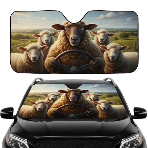 Realistic Sheep Driving Rural Landscape - Farmhouse Car Decor Gift for Sheep Lover Car Sunshade
