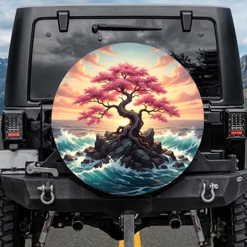 Coastal Cherry Blossom Tree Ocean Waves Sunset Landscape Scenery - Outdoor Adventure Gift Spare Tire Cover
