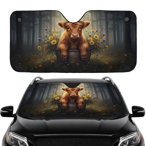 Highland Cow Calf Wildflower Forest - Farmhouse Decor Gift for Cow Lover Car Sunshade