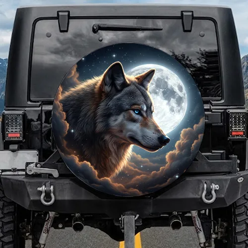Wolf Head Full Moon Celestial - Wildlife Lover Gift Spare Tire Cover
