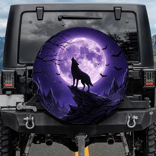 Black Wolf Howling Full Moon Bats Gnarled Trees Starry Sky - Wildlife Lover Gift Spare Tire Cover