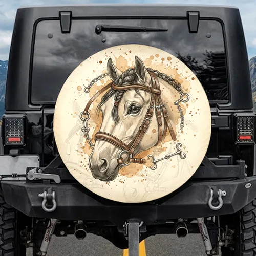 Horse Eye Leather Bridle Silver Bits - Rustic Equestrian Car Decor Spare Tire Cover