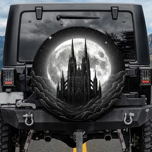 Gothic Cathedral Full Moon Dark Sky - Gothic Decor Gift for Fantasy Lover Spare Tire Cover