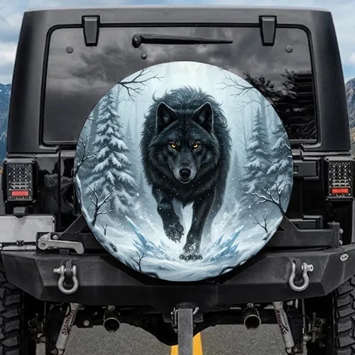 Majestic Black Wolf Glowing Eyes Snow Winter Forest - Wildlife Lover Gift Spare Tire Cover