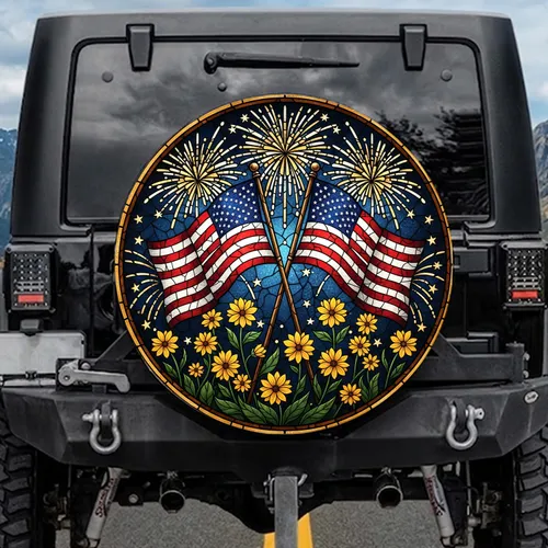 American Flag Fireworks Wildflowers - Independence Day Celebration Gift for Veterans Spare Tire Cover