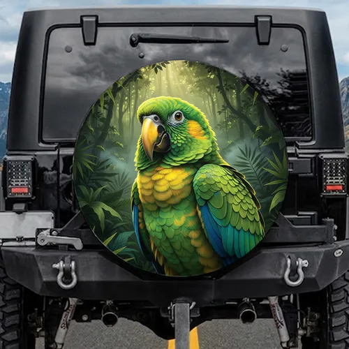 Parrot Green Yellow Plumage Tropical Foliage Rainforest - Wildlife Lover Gift Spare Tire Cover