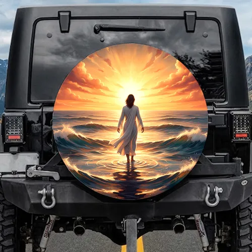 Majestic Figure Walking Ocean Sunset - Travel Essentials Spare Tire Cover