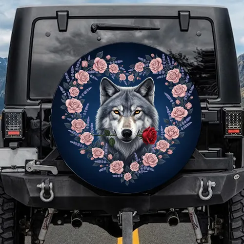 Grey Wolf Golden Eyes Red Rose Lavender Foliage Heart Wreath - Wildlife Lover Gift Spare Tire Cover