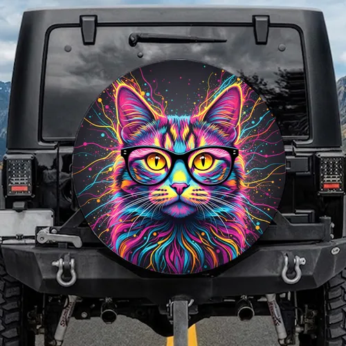 Cat Oversized Glasses Expressive Eyes Radiating Energy Lines - Cat Lover Auto Decor Spare Tire Cover