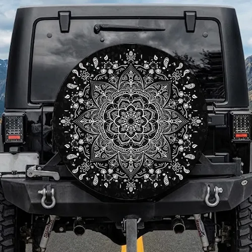 Black White Grey Paisley Mandala Filigree Flecks - Boho Lifestyle Travel Essentials Gift Spare Tire Cover