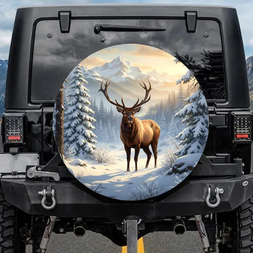 Majestic Bull Elk Antlers Snowy Mountain Pine Forest - Wildlife Lover Gift Spare Tire Cover